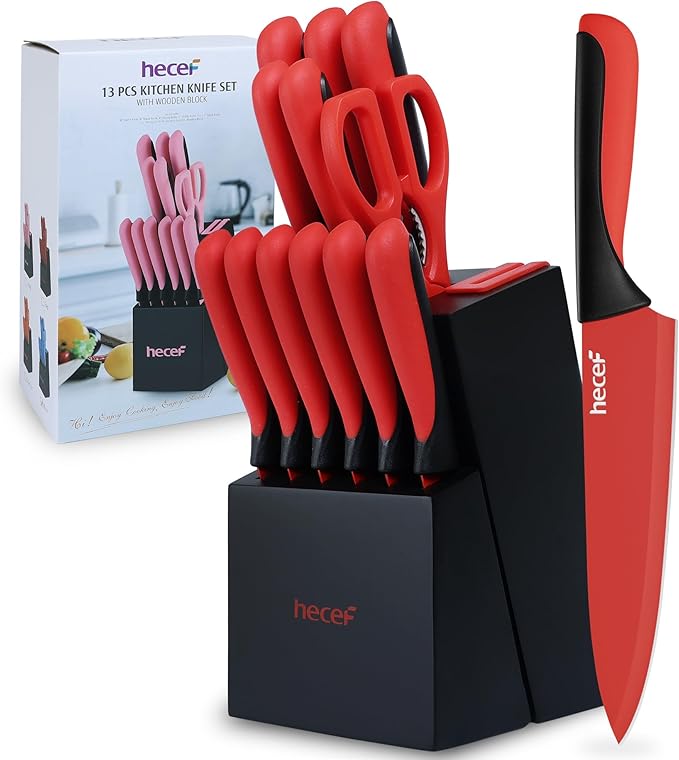 hecef 15 Pieces Kitchen Knife Set with Built-in Sharpening Wooden Block, Dishwasher Safe, High Carbon Stainless Steel Knife Block Set with Steak Knives, Kitchen Scissors (Red)