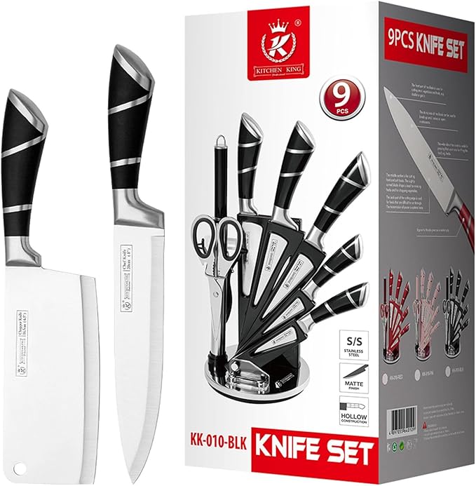 Kitchen Knife Set, 9-Piece Black Kitchen Knife Set with Acrylic Block, Non Stick Sharp High Carbon Stainless Steel Knife Set for Kitchen Cutting Meat Slicing Chopping Kitchen Women Gifts