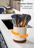 Nucookery 360°Rotating Utensil Holder, 7.2" Large Utensil Crock, White Ceramic Cooking Utensil Organizer,Farmhouse Kitchen Decor Christmas Thanksgiving Gift (Sand)