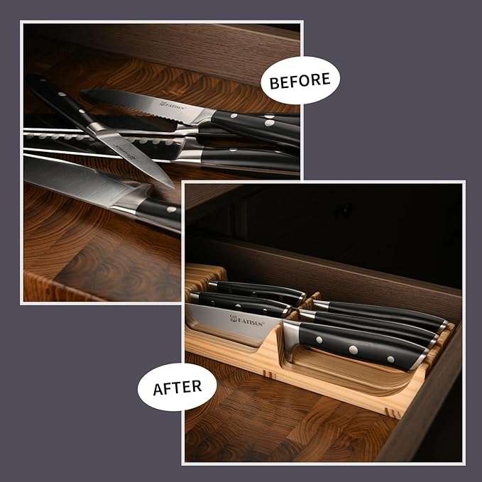 In-Drawer Knife Block with 5 Pieces Knives, Bamboo Knife Drawer Organizer for Kitchen, Perfect for Home and Chefs, Premium Knife Holder, Slots for 5 Knives Kitchen Drawer, Counter Top - Chef Gift Idea