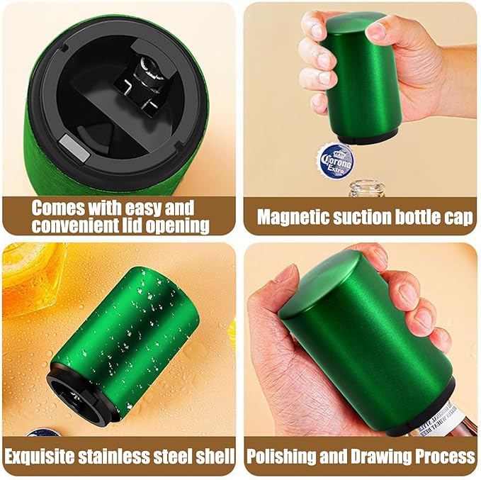 Automatic Beer Bottle Opener with Magnetic Cap, Stainless Steel One-Handed Lid Opening Spring Loaded Push&Pop Bottle Opener for Home Bars Picnic Camping Hiking（2PCS）