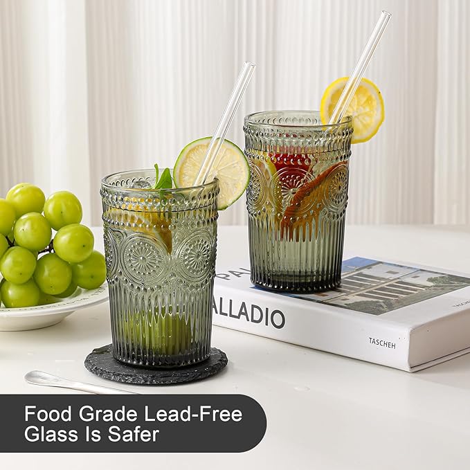 ZMOWIPDL Vintage Glassware Drinking Glasses Set of 6,13 oz Grey Textured Flower Design Glass Water Tumblers，Embossed Striped Drinkware for Water,Cocktails,Juice,Iced Coffee