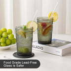 ZMOWIPDL Vintage Glassware Drinking Glasses Set of 6,13 oz Grey Textured Flower Design Glass Water Tumblers，Embossed Striped Drinkware for Water,Cocktails,Juice,Iced Coffee