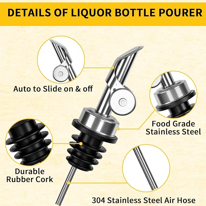 6 Pcs Auto Flip Liquor & Oil Pour Spout, 304 Stainless Steel Dispenser Spout for Olive Oil, Alcohol, Wine, Vinegar, Home & Bar Essential Tools, Silver