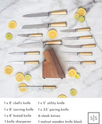 Gold Knife Set with Walnut Block – 13-Piece Full Tang Stainless Steel Kitchen Knives – Durable Gold Kitchen Accessories for Cooking and Food Prep