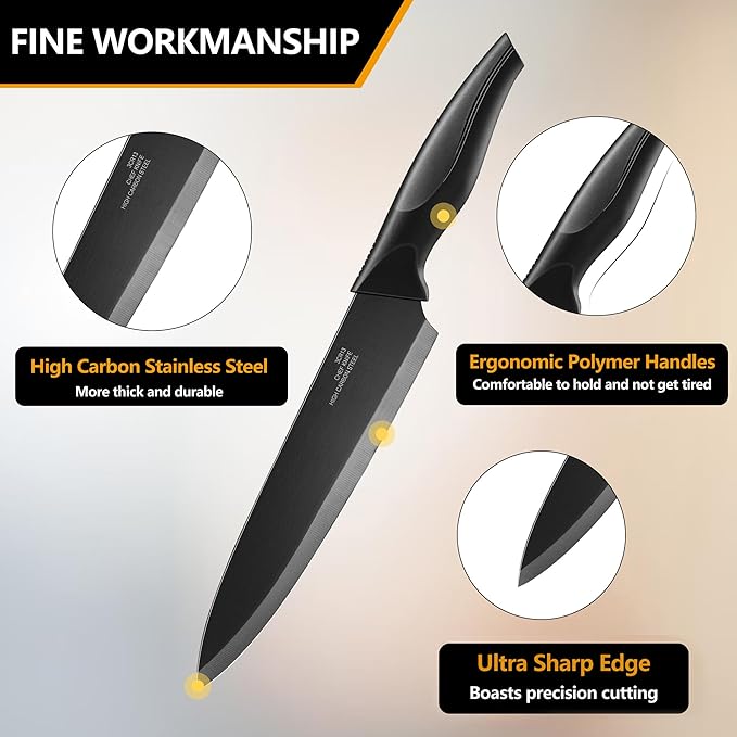 E-far Knife Set with Block, 15 Pieces Kitchen Knife Block Set with Sharpener, High Carbon Stainless Steel Sharp Chef Knife Set with Ergonomic Handles, Anti Rust, Black