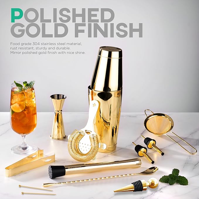 Homestia Cocktail Shaker Set, Bartending Kit: Weighted Boston Shaker Tin, Hawthorne Strainer, Jigger, Bar Spoon and Muddler, Professional Stainless Steel Bar Tool for Beginner (Gold)