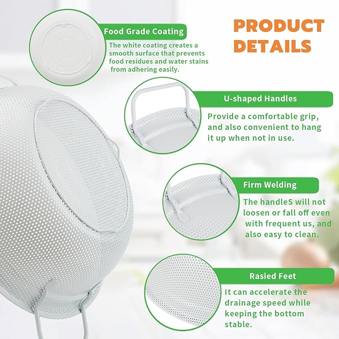 Colander Set with White Coating, Stainless Steel Micro-Perforated Colanders Strainers for Draining Rinsing Washing, Ideal for Vegetables Fruits, Heavy Duty & Dishwasher Safe