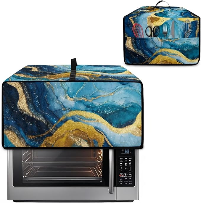 Marble Print Toaster Oven Dust Cover for Kitchen Counter, Heavy Duty Heat-resistant Microwave Oven Protective Cover Air Fryer Covers, Blue & Gold (Small-14.5 * 18.46 * 9 inches)
