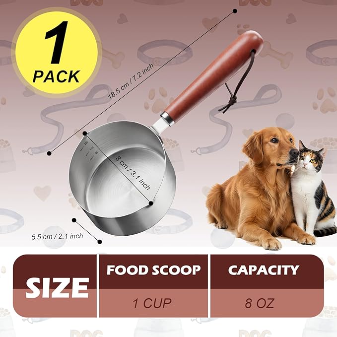 1 Cup Dog Food Scoop 304 Stainless Steel Dog Food Measuring Cups Metal Pet Scooper with Inner Precision Scale Measurement for Dogs, Cats, Birds & Rabbits (1 cup)