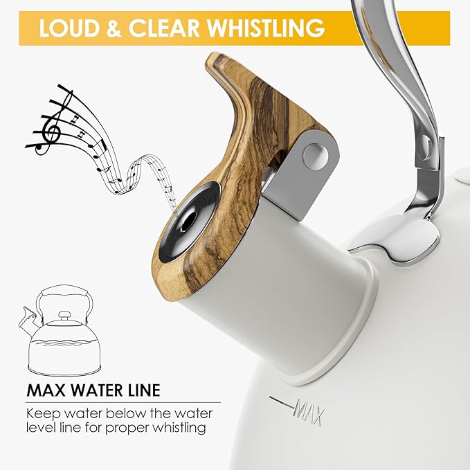 2.6 Quart Tea Kettle Stovetop Whistling for Stove Top, Food Grade Stainless Steel Tea Kettles with Cool Wood Pattern Handle, Cream