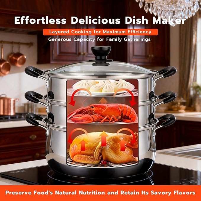 3 Tier Stainless Steel Steamer Pot For Cooking With Stackable Pan Insert, Food/Vegetable Steamer Cooker, Cookware Pot/Saucepan with Glass Lid, Multilayer By Lake Tian (26cm/10in)