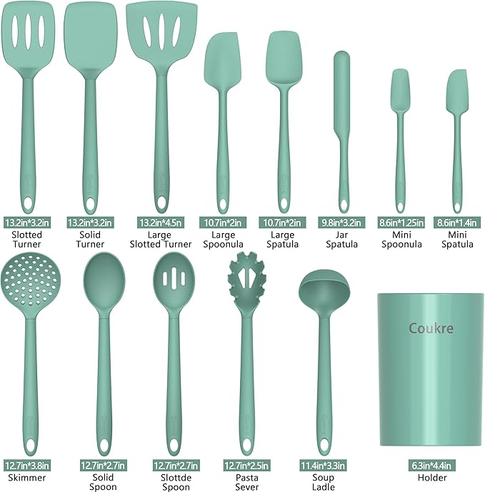 Coukre Silicone Kitchen Cooking Utensils Set with Holder – Heat-Resistant, Food-Grade Kitchen Tools, Spatula, Spoon & Gadgets for Non-Stick Pans, Dishwasher Safe (14, PureAquaGreen)