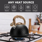 harriet Tea Kettle, Tea Pot for Stovetop, 2.5QT Whistling Kettle with 5-Layers bottom, Food Grade Stainless Steel Kettles with Hot-Resistant Handle Gas Electric Applicable, Black
