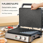 Panini Press,4 Slices Contact Grill with Removable Non-Stick Coated Grill and Flat Plates,Panini Makers with Temperature Control and Timer,Open 180 Degrees,Grill and Griddle (Silver wtih Full SUS)