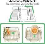 SAYZH Dish Drying Rack - Expandable Dish Rack for Kitchen Counter, Rust-Resistant Dish Drainer with Utensil Holder and Raised Guardrail, Kitchen Organizer for Cup and Bottle (Beige)