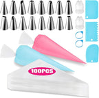 Piping Bags and Tips Set, Cakes Decorating Supplies Kit with 100pcs 16 Inch Pastry Bags, 16 Piping Tips, 3 Cake Scraper, 2 Couplers, 2 Bag Ties, Simple and Convenient Baking Supplies Set