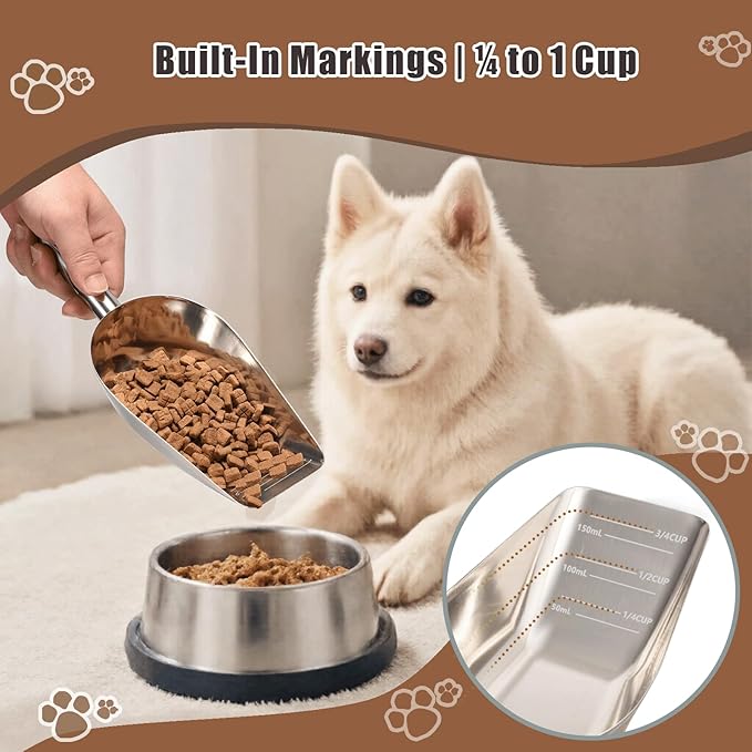 Pet cat-dog food-scoop measuring cup - Food-grade 304 stainless steel material | 3/4 Cup capacity | Precision scale measurements