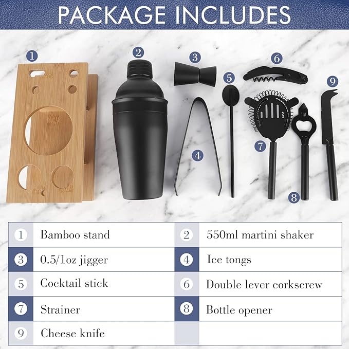 JNWINOG Cocktail Shaker Set Stainless Steel Bartending Kit 18.6oz Cocktail Bar Set Cocktail Mix Drink Making Kit Professional Bar and Home Drink Bar Tools for Bartender (Matte Black, 9Pcs)