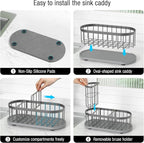 Sponge Holder for Kitchen Sink with High Brush Holder, [Stay-Dry Anywhere & No Drainage Needed] Rustproof Stainless Steel Kitchen Sink Caddy Organizer with Water Absorbing Stone Tray, Grey