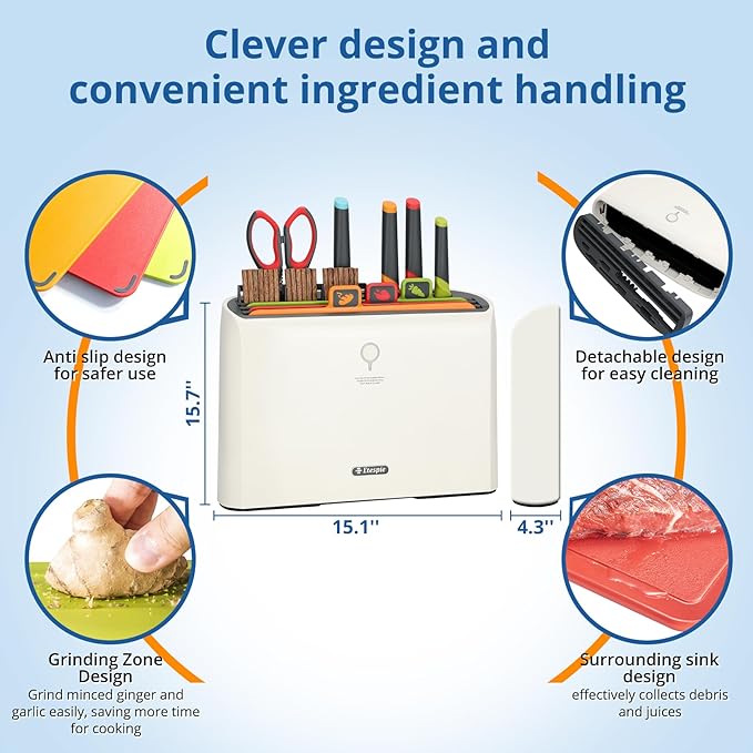 Smart Cutting Board and Knife Set,Self Cleaning Cutting Board and Knife Set with 4 Stainless Steel Knives,3 Color Coded Cutting Boards,10 Pairs of Chopsticks and 1 Pair of Scissors