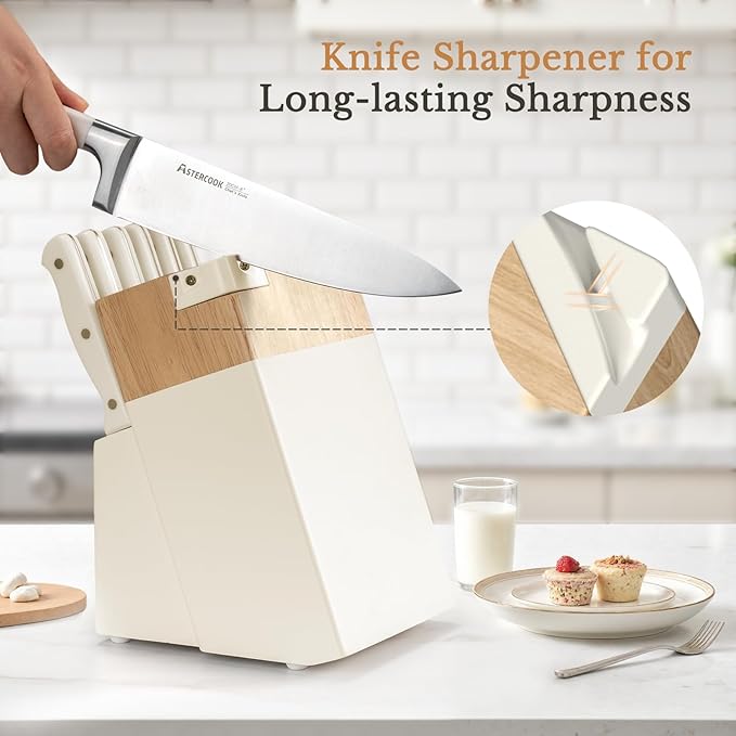 Knife Set,Astercook Kitchen Knife Set with Block 14-Piece Full Tang Stainless Steel Knives with Sharpener Dishwasher Safe and Anti-Slip Ergonomic Handle Valentine's Gift Utensils Set