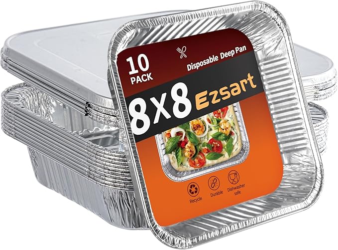 8x8 Aluminum Pans with Lids - 10 Pack Disposable Baking Pans, Tin Foil Pans with Lids for Holiday Cooking, Christmas, Parties Meal Prep, Storage, Heating and Baking