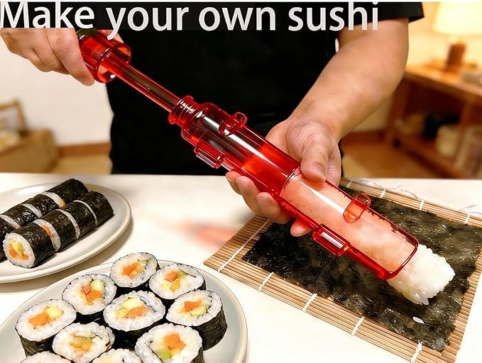 Sushi Making Kit – Clear Sushi Bazooka Roller & Bamboo Sushi Rolling Mat, Easy DIY Sushi Maker Tool Set for Beginners, Homemade Sushi Rolls for Kitchen & Party (Clear Red)