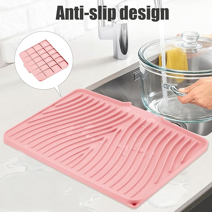 TIKNIK Silicone Dish Drying Mat, Stone Drying Mat for Kitchen Counter with Built-In Drain, Non-Slip Drain Pad with Built-in Drain, Heat Resistant Stone Drying Mat, Hangable, Pink-1pcs, 16" x 12"