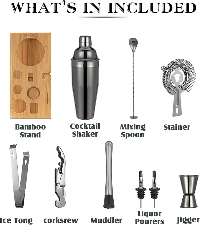 Black Cocktail Shaker Set, Premium 18/8 Stainless Steel Mixology Bartender Kit with Stylish Bamboo Stand 10-Piece Bar Tools & Accessories for Home Bar for Men, Dad, Husband