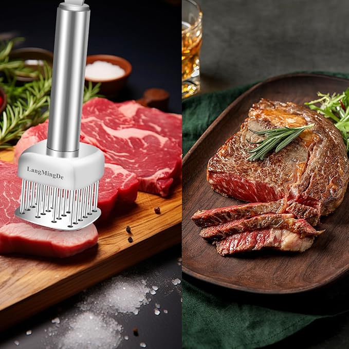 LANGMINGDE 18/10 Stainless Steel Meat Tenderizer Tool, 24 Sharp Needles for Tenderizing Steak Chicken Pork Veal Barbecue Marinating