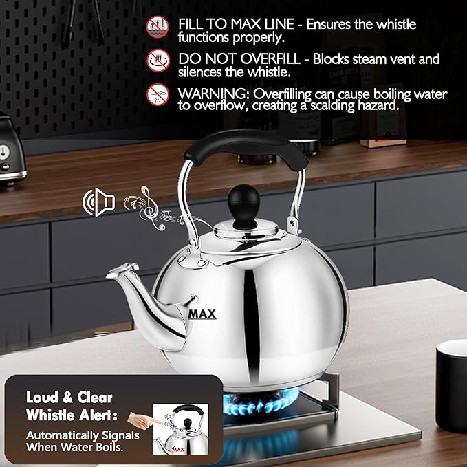 Stovetop Tea Kettle with Whistle - 2.0 Quart 18/8 Stainless Steel Tea Pot for Gas Stove & Electric Coil Stovetop, Food-Safe, Easy-Pour Spout, Mirror Polished Classic Water Kettle