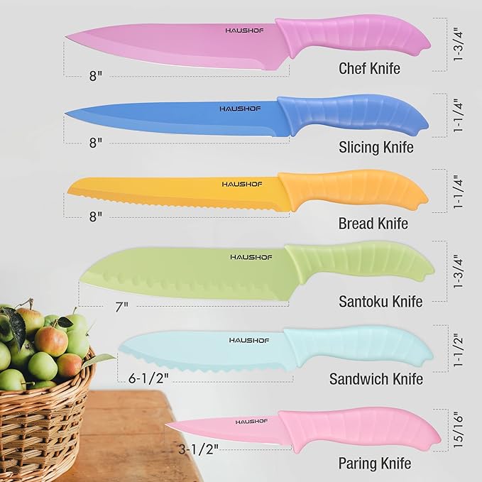 HAUSHOF Kitchen Knife Set, 12-Piece Colorful Knives Set with 6 Sheaths for Kitchen, Non-Stick Coated Stainless Steel Blades for Slicing, Dicing&Cutting, Gifts Knife Set for Dad, Mom, Husband and Wife