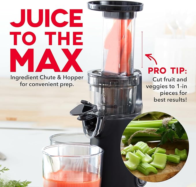 DASH Deluxe Compact Masticating Slow Juicer, Easy to Clean Cold Press Juicer with Brush, Pulp Measuring Cup, Frozen Attachment and Juice Recipe Guide - Black