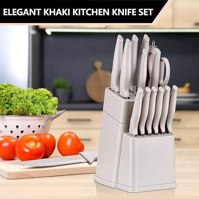 E-far Knife Set with Block, 15 Pieces Kitchen Knife Block Set with Sharpener, High Carbon Stainless Steel Sharp Chef Knife Set with Ergonomic Handles, Anti Rust, Khaki