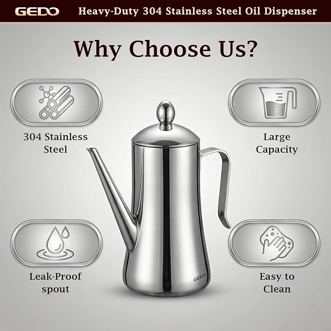 GEDO 304 Stainless Steel Oil Dispenser, Eagle Beak Drip-Free Spout Oil Pot with Extra Wide Mouth & Air Vent Lid, Large Capacity for Kitchen Cooking & Outdoor Grilling (1.37QT / 1300ml)