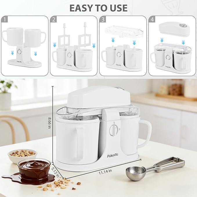 Pukomc Ice Cream Maker Machine for Home Use, with Two Ice Cream Bowls,Simple Operation and Easy to Clean,White