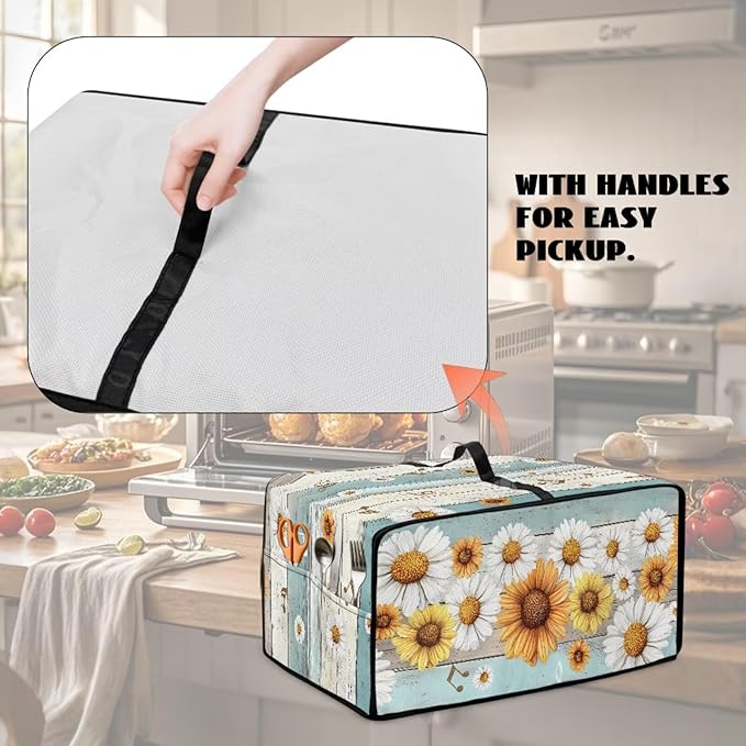 Wooden Board Daisy Print Toaster Oven Dust-proof Cover for Kitchen Small Appliance Fingerprint Protection Decorative Countertop Oven Protector (Small-14.5 * 18.46 * 9 inches)