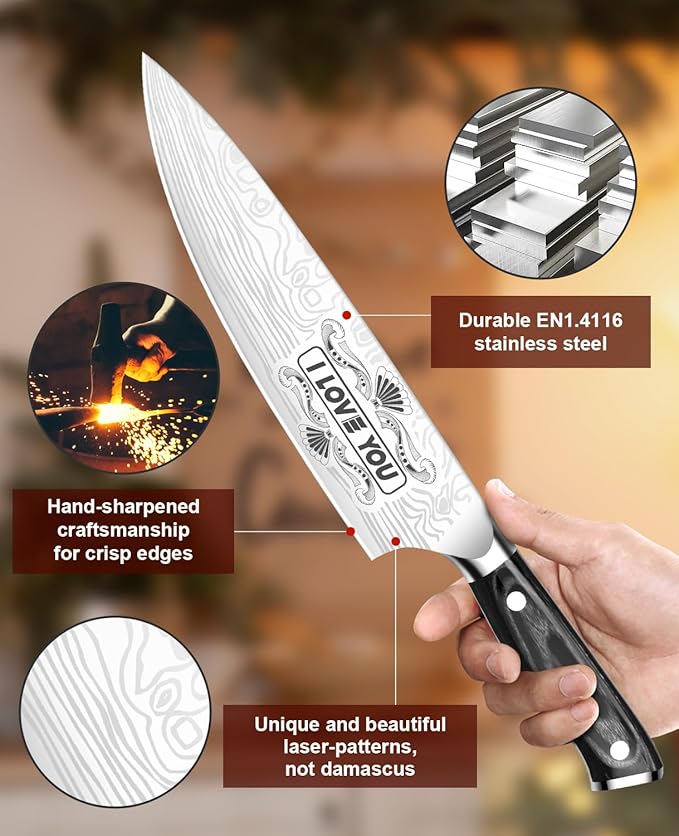 MOSFiATA Gifts for Men Women Christmas, 8" Sharp Kitchen Knife Set with Sheath Professional German EN1.4116 Stainless Steel, Chef Gifts for Best Dad Mom Birthday, Anniversary Xmas Gift Box-I Love You