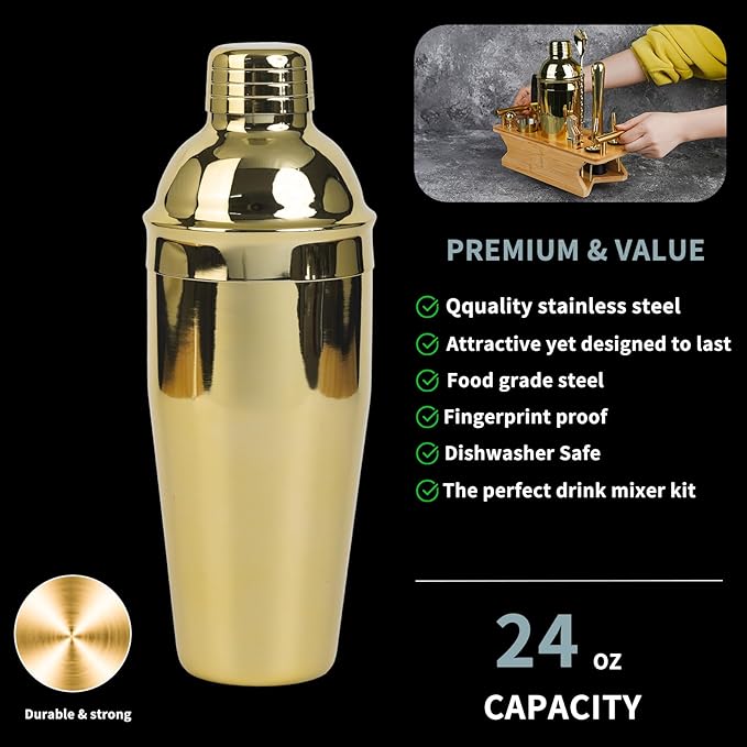 JNWINOG Cocktail Shaker Set Stainless Steel Bartending Kit 18.6oz Cocktail Bar Set Cocktail Mix Drink Making Kit Professional Bar and Home Drink Bar Tools for Bartender (Gold, 12Pcs-1)