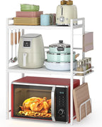 DOLALIKE Microwave Oven Rack, Expandable Microwave Stand Kitchen Countertop Organizer Utensils Storage, Carbon Steel Over Microwave Shelf with 3 Hooks (White, 3 Tier- With Storage)
