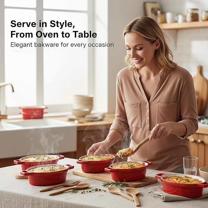 Ceramic Casseroles Dishes 6" x 5", Lug Soup Bowl for Cooking and Au Gratin Baking, Set of 4, Heat Resistant Oval French Onion Soup Bowl, Small Casserole dish, Microwave and Oven Safe, Red