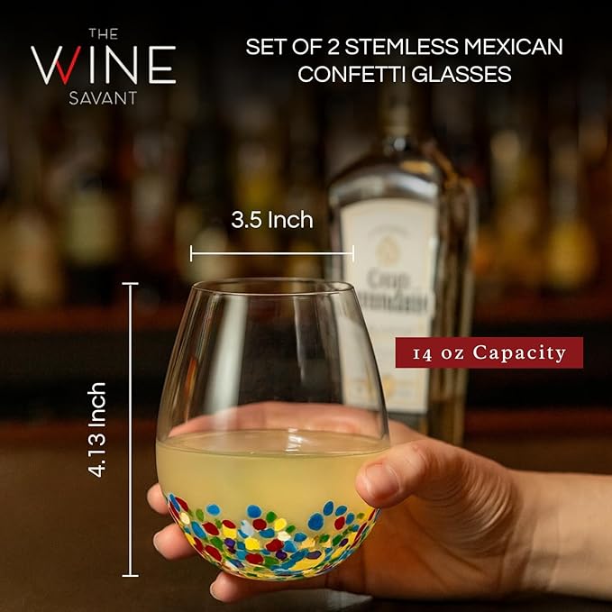 Large Stemless Wine Glasses – Set of 2-14oz Luxury Hand Blown Confetti Margaritas, Martini, Cocktails, Water, Wine, Dessert & Champagne Glasses Cinco de Mayo, Hand Blown - Mexican Confetti Glass