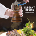 Salt and Pepper Grinder Set with Handle Crank Acrylic Manual Salt and Pepper Mills Black Pepper Spice Grinders Ceramic Core, Stainless Steel Handle, Adjustable Coarseness (Walnut 2pcs-5in)