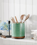 Utensil Holder, 360° Rotating Extra Large Ceramic Kitchen Utensil Holder for Countertop, 7.3“ Cooking Utensil Crocks for Kitchen Counter with Rotatable Wooden Base, Farmhouse Decor, Forest Green