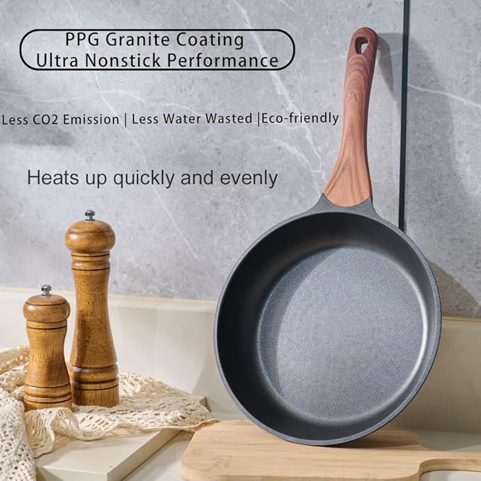 3-Piece Granite Non-Stick Cookware Set - 9.5" Frying Pan, Skillet, 7" Sauce Pot with Lid - PFOA Free