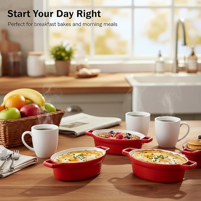 Ceramic Casseroles Dishes 6" x 5", Lug Soup Bowl for Cooking and Au Gratin Baking, Set of 4, Heat Resistant Oval French Onion Soup Bowl, Small Casserole dish, Microwave and Oven Safe, Red