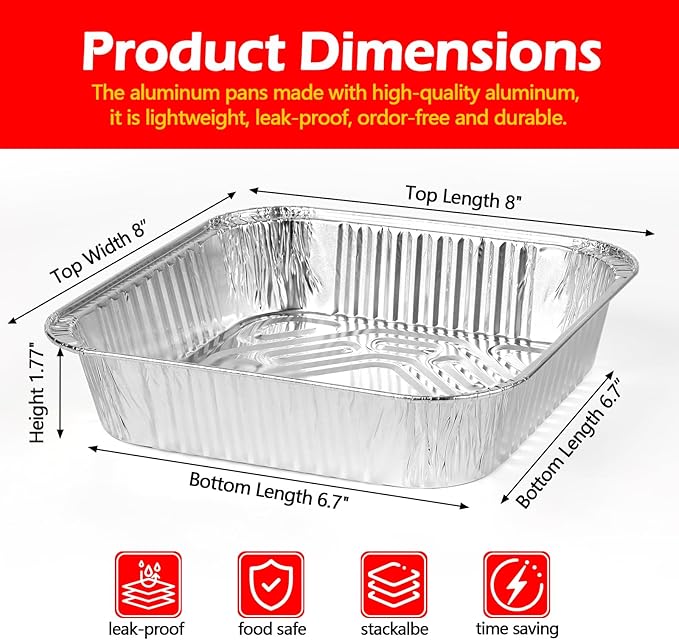 8x8 Aluminum Foil Pans, 20 Pack Disposable Trays Half Size Heavy Duty Tin Pans Deep Food Containers For Cooking, Meal Prep, Baking, Roasting, Chafing, Heating or Steam Table