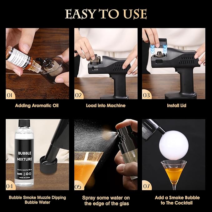 Cocktail Bubble Smoke Gun, One Key Operation, Handheld, with 1.4 Inch Color Screen, for Bartenders, Bar, Party, Wine, Drinks, Coffee