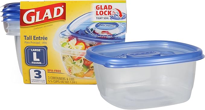 Glad GladWare Tall Entree Food Storage Containers with Lids, Large Square No BPA Plastic for Meal Prep and Lunches, Lock Tight Seal, Microwave and Dishwasher Safe, 42 Oz, 3 Count